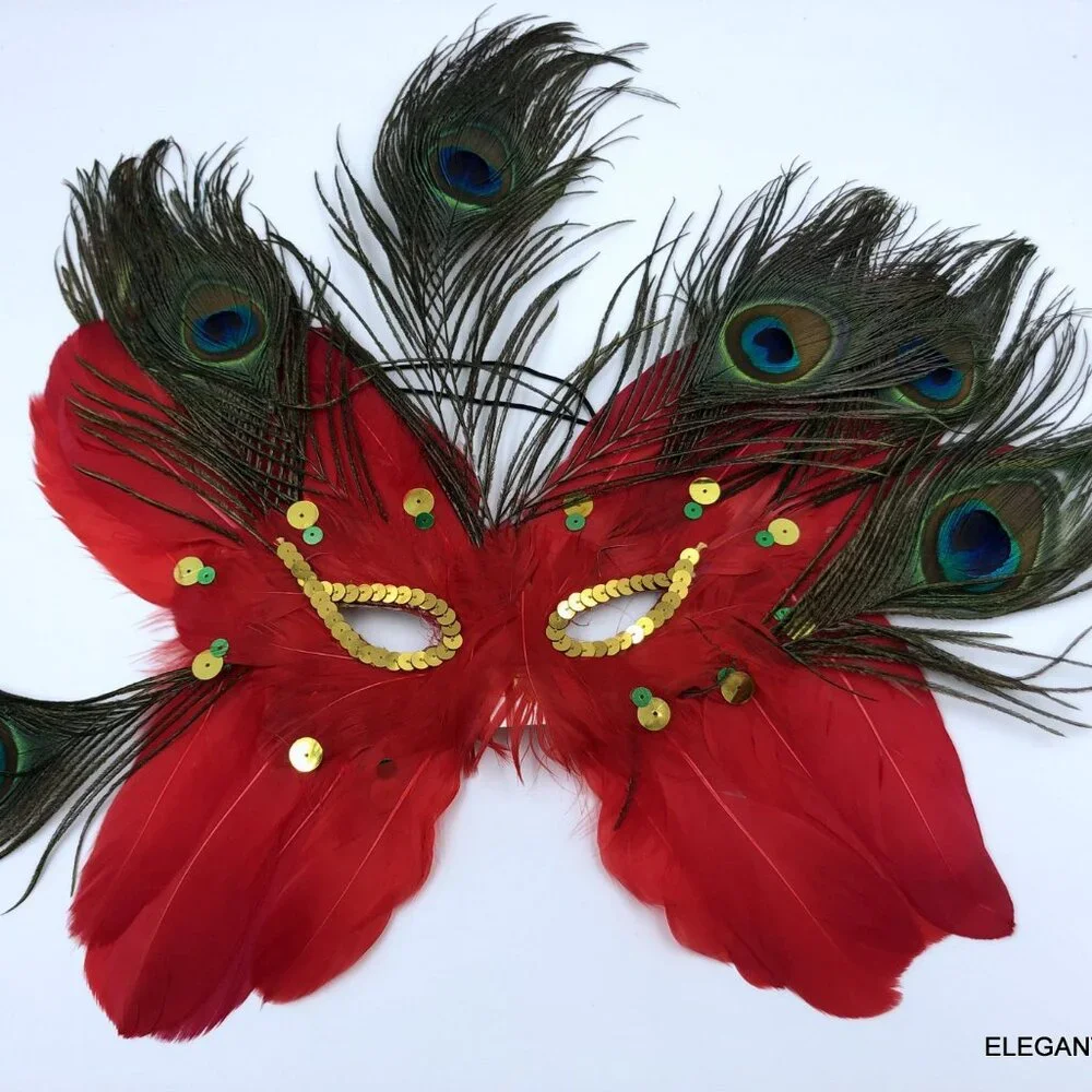 LOT 6 Masqquerade Mardi Gras Mask Adult Feathered Sequins Red Blue Green Orange
